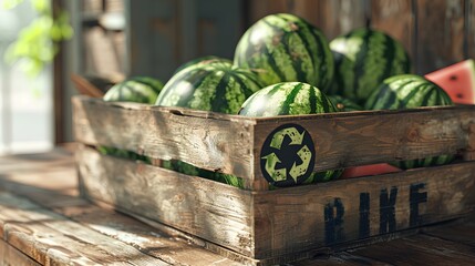 Wall Mural - Wooden crate adorned with the universal recycling symbol, brimming with ripe, juicy watermelons, illustrating themes of sustainable agriculture, organic produce, and eco-friendly composting practices.