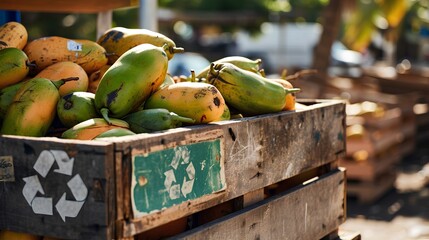 Wall Mural - Fresh ripe papayas with a green recycle symbol on a wooden box, representing an organic food concept and the importance of eating sustainable groceries sourced from local farmers markets.