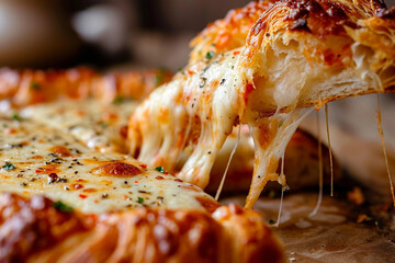 Hot pizza slice with melting cheese on a rustic wooden table.