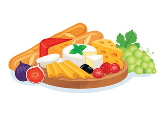 Wall Mural - Cheese plate with grapes, figs and baguette vector illustration. Various types of cheese on a wooden cutting board icon vector. Cheese platter with camembert, emmental and more on a white background