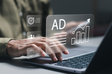 digital marketing commerce online sale concept, businessman use laptop with advertising on website. 