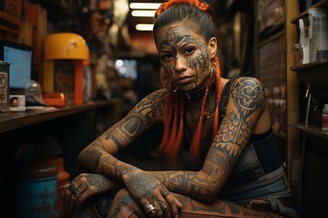 A woman with expressive tattoos on her face and body sits in a tattoo parlor