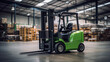 © ImageFlow - Green forklift parked in warehouse, material handling equipment on glossy floor. Storage concept. Generative AI