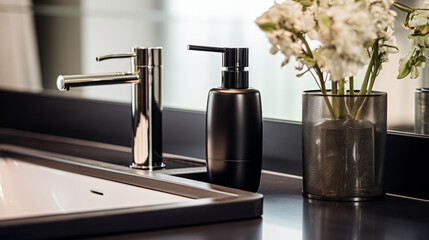 Sophisticated bathroom design featuring black soap dispensers and fresh flowers. Elegance and comfort concept. Generative AI