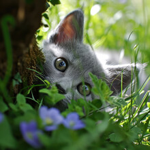 Grey Kitten Hiding In The Grass. 