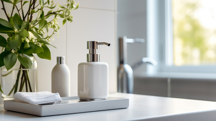 Bright bathroom interior with white soap dispenser and green plant decorations. Freshness and purity concept. Generative AI