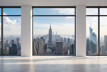 Interior Skyscrapers View Cityscape Mockup Of A Blank Room With A White Wall During The Day. Skyline View From A High-rise Window. A Gorgeous Real Estate With A View.