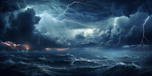 Stormy Sea, Thick Clouds And Bright Lightning