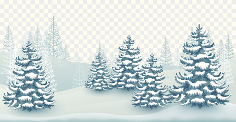 Landscape with snowdrifts and coniferous trees in winter forest isolated. Vector illustration 

