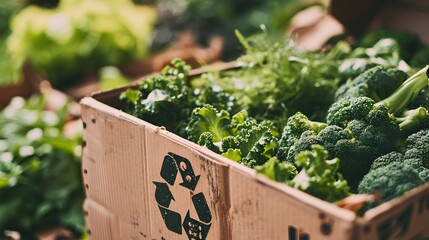 Wall Mural - box filled with fresh organic vegetables, prominently featuring a recycling symbol, representing sustainable packaging solutions and eco-friendly agricultural methods, including organic composting.