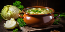 Cabbage Soup On A Wooden Table