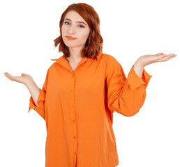 Confused woman saying I don't know. Young caucasian red bob hair girl shrugs shoulders with hands spread sideways. What to do? Clueless, unaware people expression concept idea studio image.