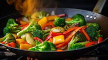 vegetable stir fry in wok with broccoli, carrots and bell pepper