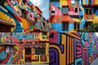 : Bold, abstract patterns covering the facades of buildings, creating a mesmerizing labyrinth of color. The once monotonous city streets are now a vibrant maze of artistic expression.