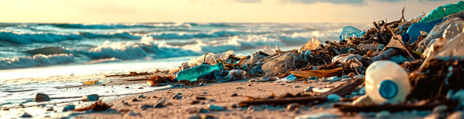 Wall Mural - stone beach with plastic waste. plastic bottles in nature. environmental pollution concept. ai gener