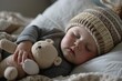 Baby sleeping with bear toy.