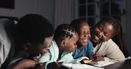 Poster - Black family, funny and tablet in home bedroom, bonding and smile together. Children, technology and African parents, mother and father, play at night and laughing at internet, movie and fireplace