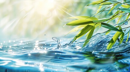 Wall Mural - Green bamboo leaves, water wave in sunlight with copy space.