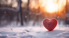 Red Heart In Snow Against Sunset, Symbolizing Winter Love