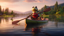 Photograph Of A Frog Paddling  Canoe In A Lake Amidst Nature.