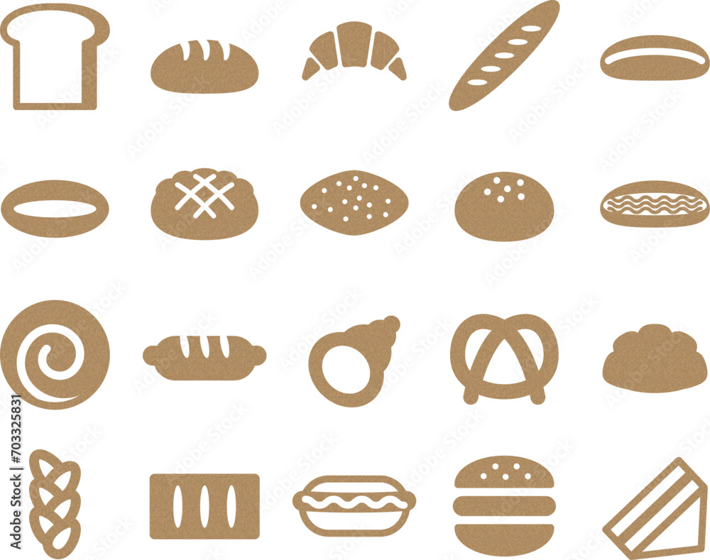 いろいろな種類のパンのアイコンのセット_コルク模様