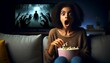 woman scared by horror movie while eating popcorn