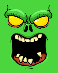 Wall Mural - Cartoon funny green zombie character design with scary face expression. Halloween vector. Great for package design or party decoration