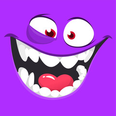 Wall Mural - Funny cartoon monster face. Illustration of cute and scary monster expression. Halloween design. Vector isolated