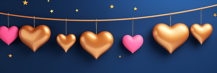 Wall Mural - Garland of golden and pink hearts on blue background with gold stars banner. Valentine's Day. Panoramic web header with copy space. Wide screen wallpaper.