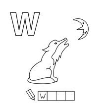 Cartoon Wolf Coloring Pages. Learning Game For Small Children - Write A Word In English Language. Vector Alphabet For Kids