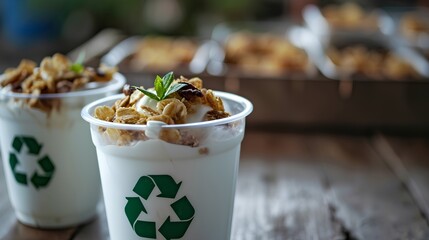 Wall Mural - Eco-friendly food packaging, featuring a recyclable plastic cup adorned with the universal recycling symbol, emphasizing sustainable solutions.