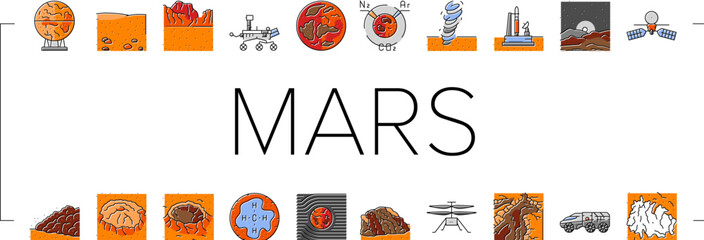 Wall Mural - mars planet space astronomy icons set vector. cosmos science, planet universe, solar galaxy, world r