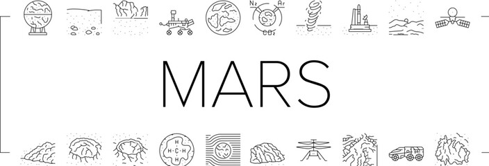 Wall Mural - mars planet space astronomy icons set vector. cosmos science, planet universe, solar galaxy, world r