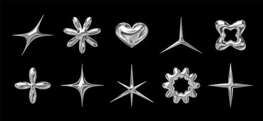 Wall Mural - 3d chrome glossy shapes set in y2k retro futuristic style. liquid metallic star, heart, flower, and 