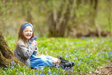 Cute toddler girl among carpet of blue fresh scylla flowers in spring forest. Blue spring flowers in park or forest on a spring day. Little kid exploring nature. Outdoor activities for children