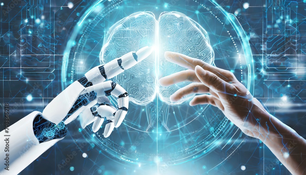 AI, Machine learning, Hands of robot and human touching on big data ...