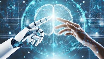 AI, Machine learning, Hands of robot and human touching on big data network connection background, White humanoid hand using digital artificial intelligence icon hologram 3D rendering  Digital data mi