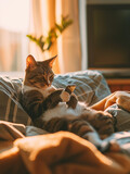 Fototapeta  - cute picture of a lazy cat with a phone. relaxed. sunset, evening, pajamas. Kitten playing with the phone. Sleeping on the bed, sofa. Beige and white, soft lighting