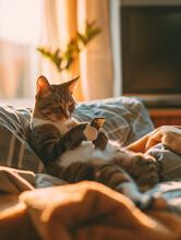 Cute Picture Of A Lazy Cat With A Phone. Relaxed. Sunset, Evening, Pajamas. Kitten Playing With The Phone. Sleeping On The Bed, Sofa. Beige And White, Soft Lighting
