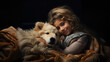 © Ed - Girl hugging her dog, friends lying on the sofa covered with a blanket, banner for the concept of world sleep day