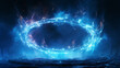 Blue circular shinning glowing light ring sparkle powerful effect dust explosion. Scatter bright neon on black background. Star frame galaxy and space digital concept.