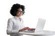 © muse studio - A freelance woman who is happy working online uses a computer in the office workplace. Transparent background.