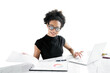 © muse studio - A young woman working on a report documents in a company using a laptop computer smiling with glasses, a workplace in the office. Transparent background.