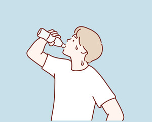 Wall Mural - young man drinks water on a bottle. Hand drawn style vector design illustrations.