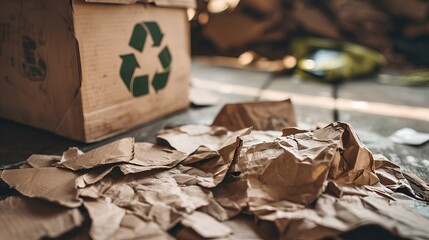 Wall Mural - An eco-friendly paper box and corrugated cardboard materials featuring the universal recycle symbol, emphasizing the importance of sustainable packaging and responsible ecological waste management.