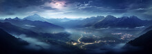 Panorama Shot Of Romantic Valley At Night At Sunrise - You Can See A City With Lights And Mountains And Sky And Fog