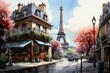 Views of Paris, France drawing in the style of colored pencil and watercolor. in the style of 90s art.