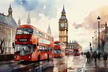 Views Of London, UK Drawing In The Style Of Colored Pencil And Watercolor. In The Style Of 90s Art.