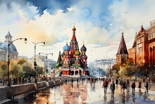 Views Of Moscow, Russia Drawing In The Style Of Colored Pencil And Watercolor. In The Style Of 90s Art.