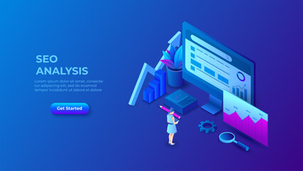 Wall Mural - dark seo analysis design concept. isometric vector illustration. landing page template for web